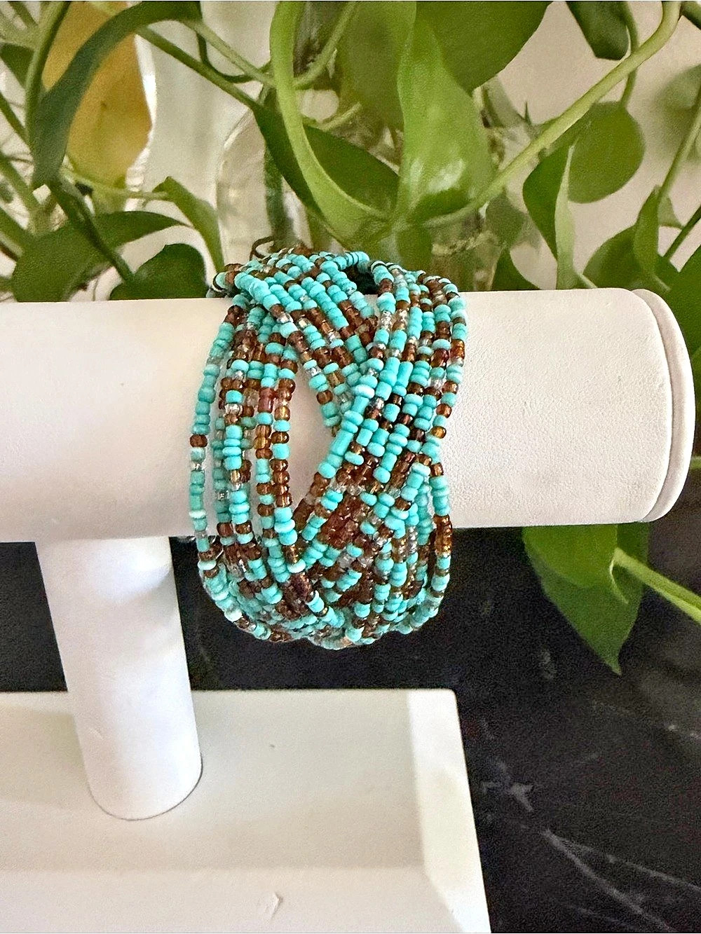 Vintage Twisted Cuff Turquoise & Brown Seed Beaded Bracelet Boho